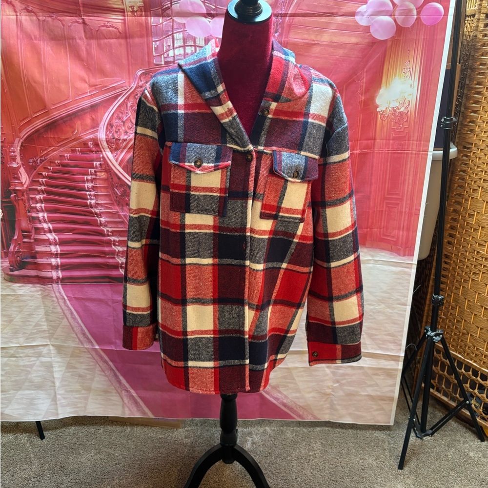 Hooded Red and Blue Utility Jacket with Classic Collar